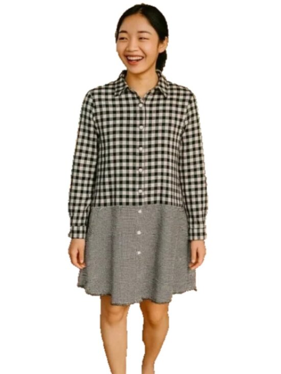 POL Dresses & Skirts - POL BOHO Oversized Small Black and White Checked Gingham Dress Frayed Hem
